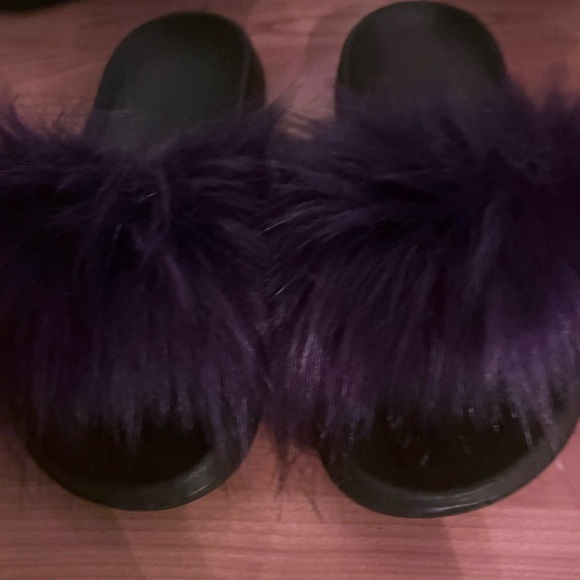 Shoes - Women's Black and Purple Fur Slides